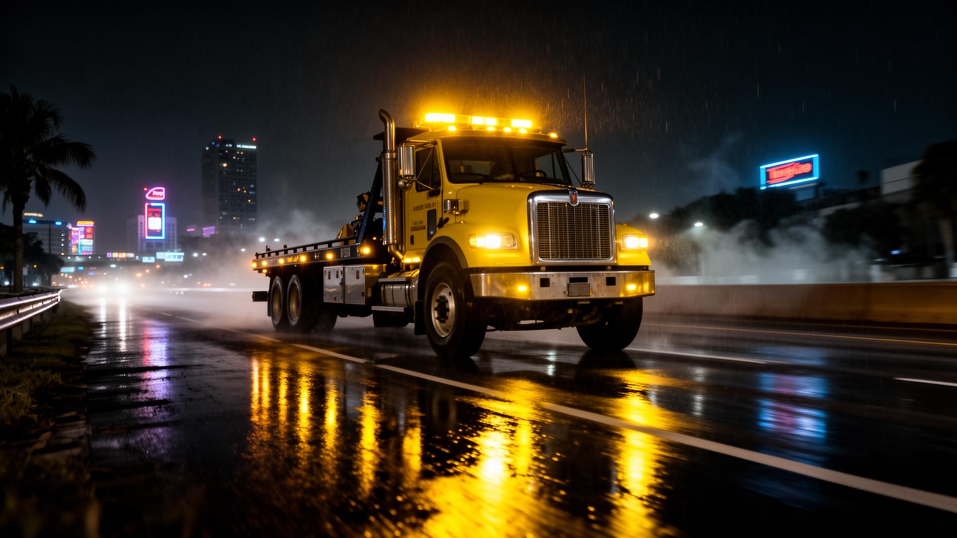 Taj tow truck on a Land O' Lakes highway at night