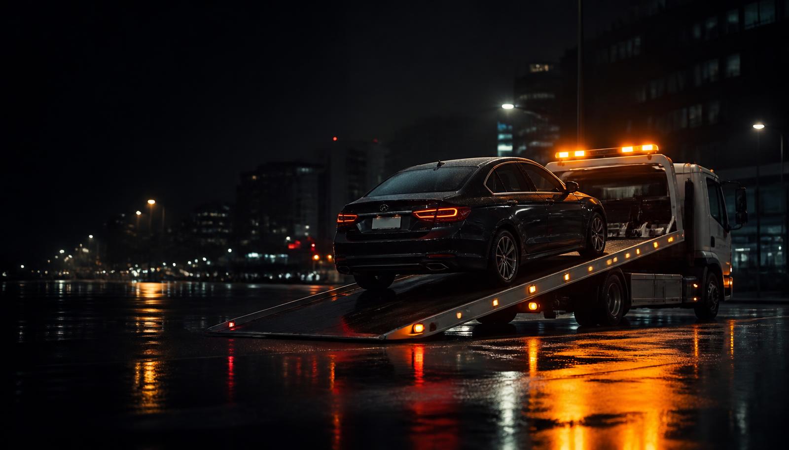 Taj tow truck on a Land O' Lakes highway at night